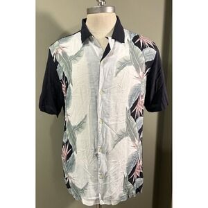 AllSaints Trellis Hawaiian Shirt S/S Mens Sz LG Black Floral Resort Beach Surf